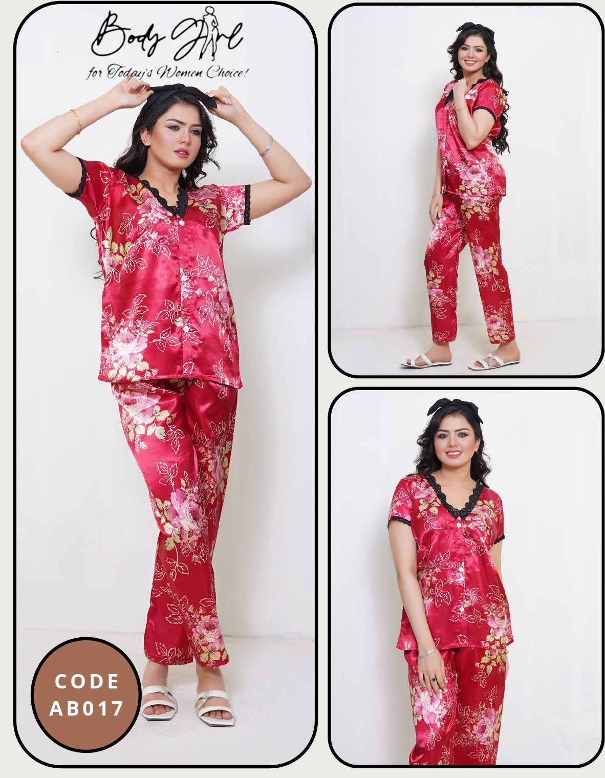 2 Pcs Half Sleeves Suit with Flower Printed Shirt & Trouser Set for Women
