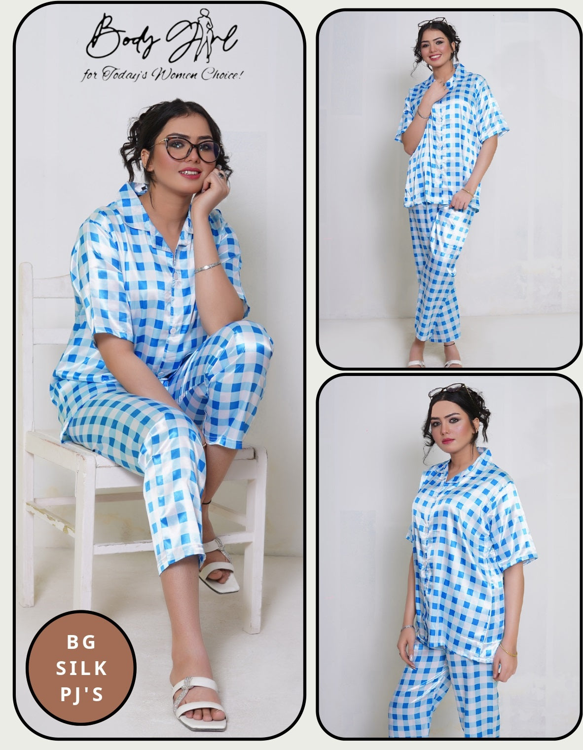 Luxury BG Silk Pajama Set – Blue & White Checkered Nightwear