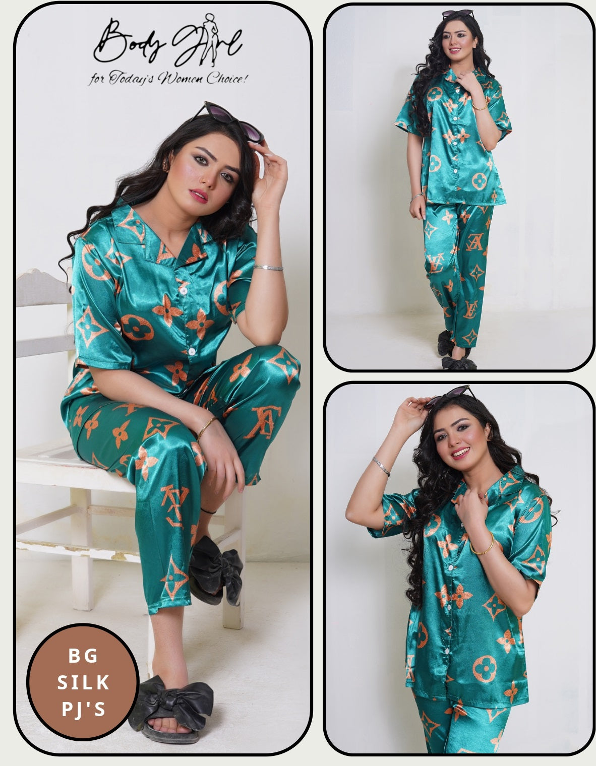 Luxury Satin Pajama Set – Green & Gold Printed Nightwear