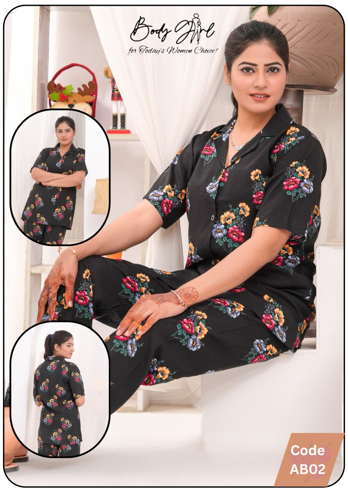 Floral Printed Shirt & Trouser Night Wear For Girls & Women