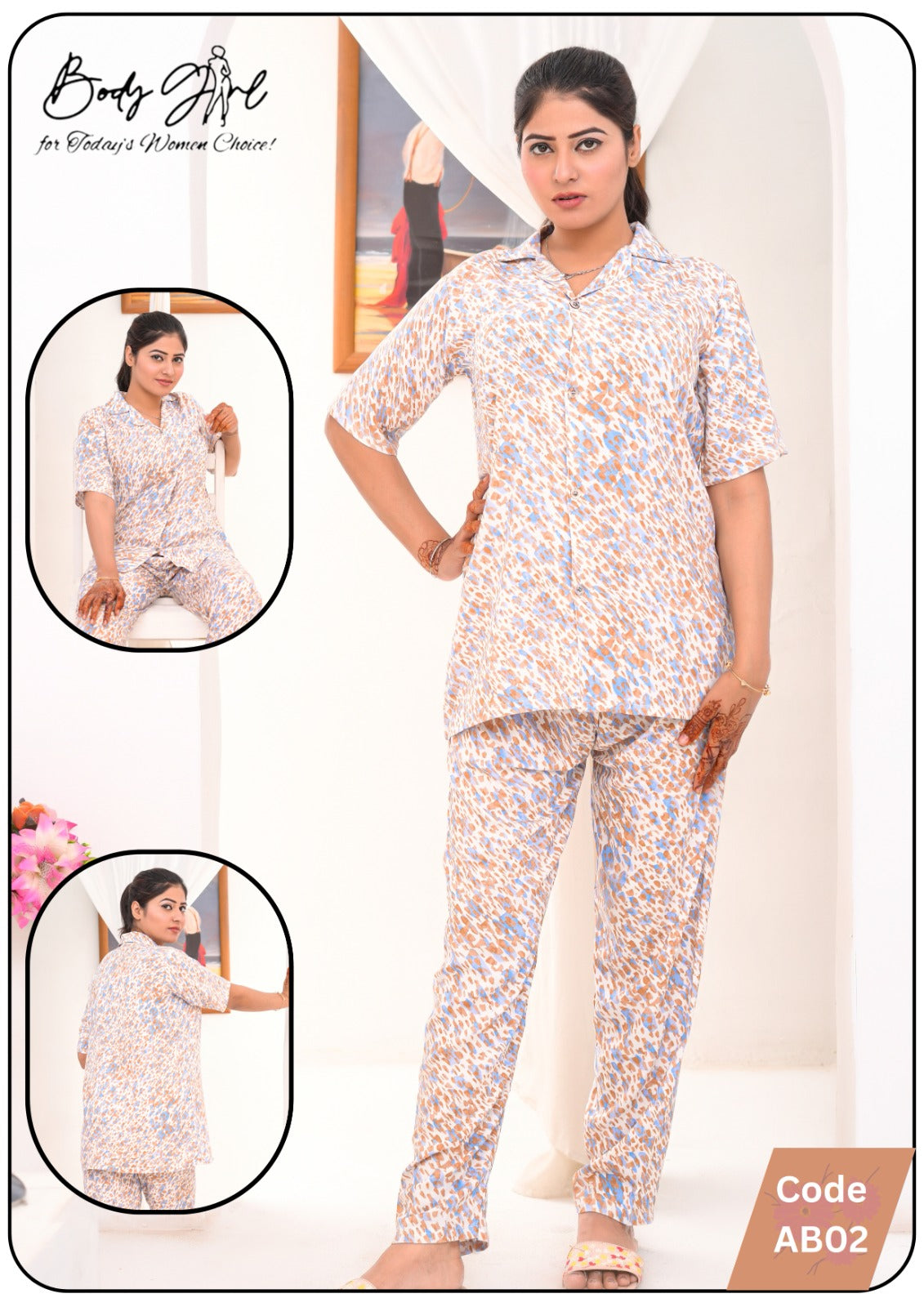 Floral Printed Shirt & Trouser Night Wear For Girls & Women
