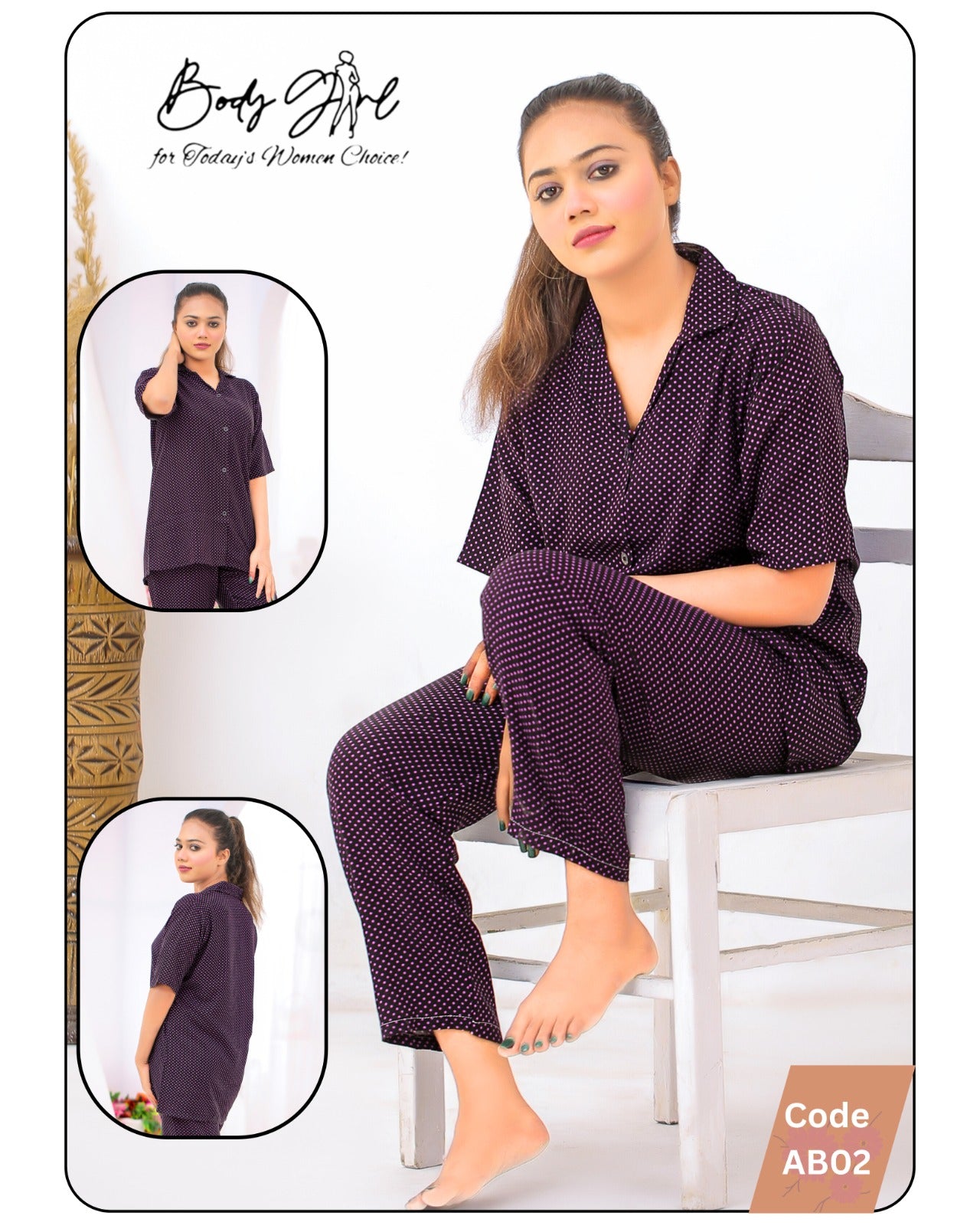 Polka Dot Printed Shirt & Trouser Night Wear Set For Girls & Women