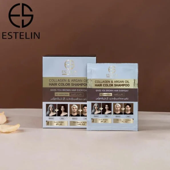 ESTELIN Collagen & argan oil hair color shampoo Sachets 25ml (Dark Brown) – 10pcs