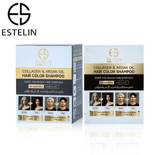 ESTELIN Collagen & argan oil hair color shampoo Sachets 25ml (Natural black) – 10pcs