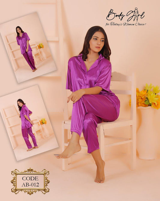 2 Pieces Silk Trouser & Shirt Night Sleeping Suit For Girls & Women