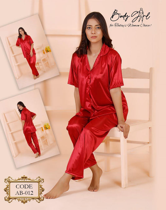 2 Pieces Silk Trouser & Shirt Night Sleeping Suit For Girls & Women