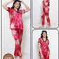 2 Pcs Half Sleeves Suit with Flower Printed Shirt & Trouser Set for Women