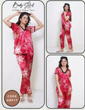 2 Pcs Half Sleeves Suit with Flower Printed Shirt & Trouser Set for Women