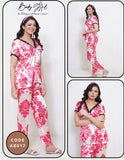 2 Pcs Half Sleeves Suit with Flower Printed Shirt & Trouser Set for Women