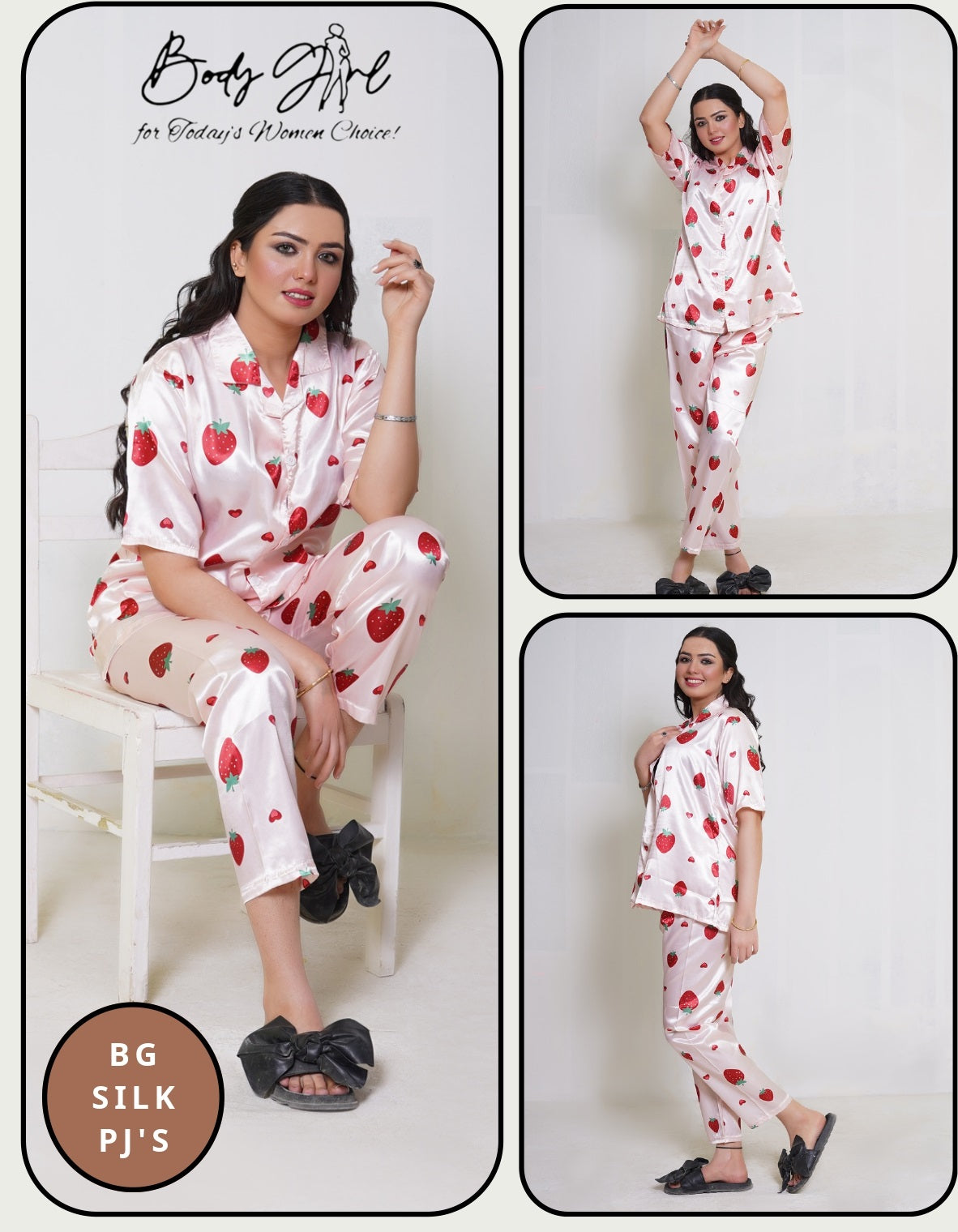 Silk Pajama Set – Strawberry Print Satin Nightwear