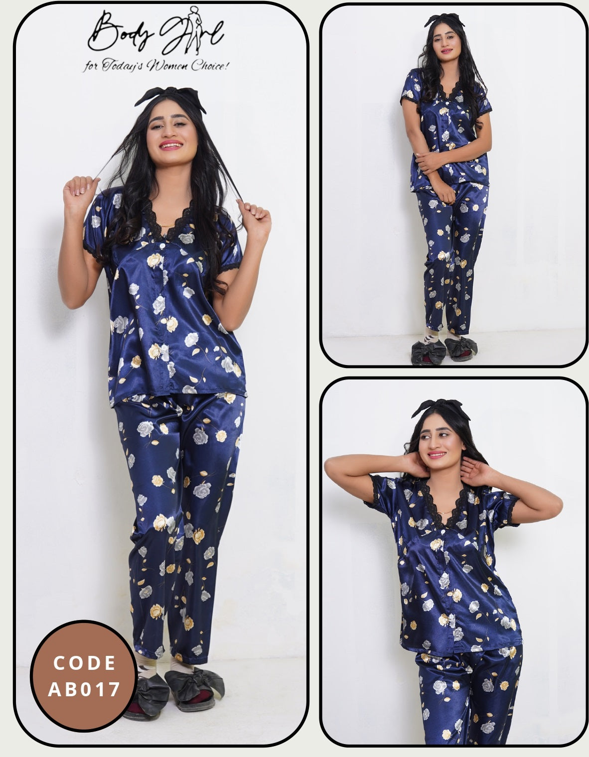 Luxury Satin Floral Nightwear Set – Navy Blue
