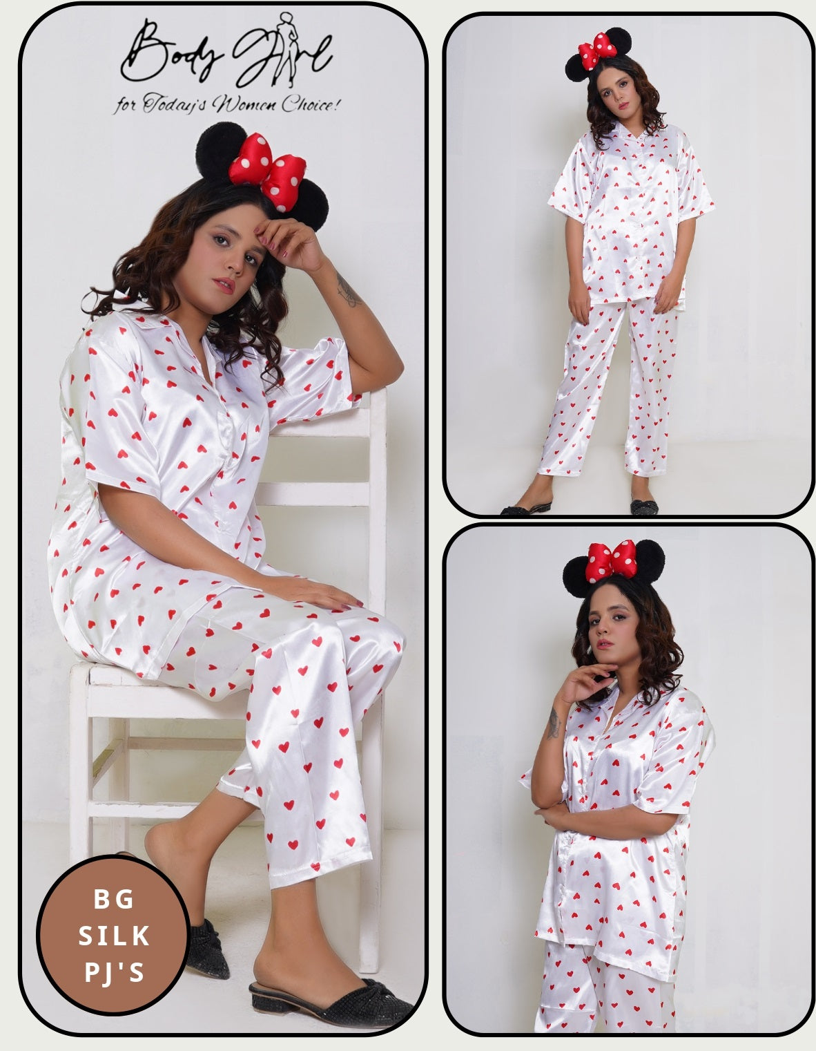 Elegant White Pajama Set – 2-Piece Loungewear with Red Heart Print