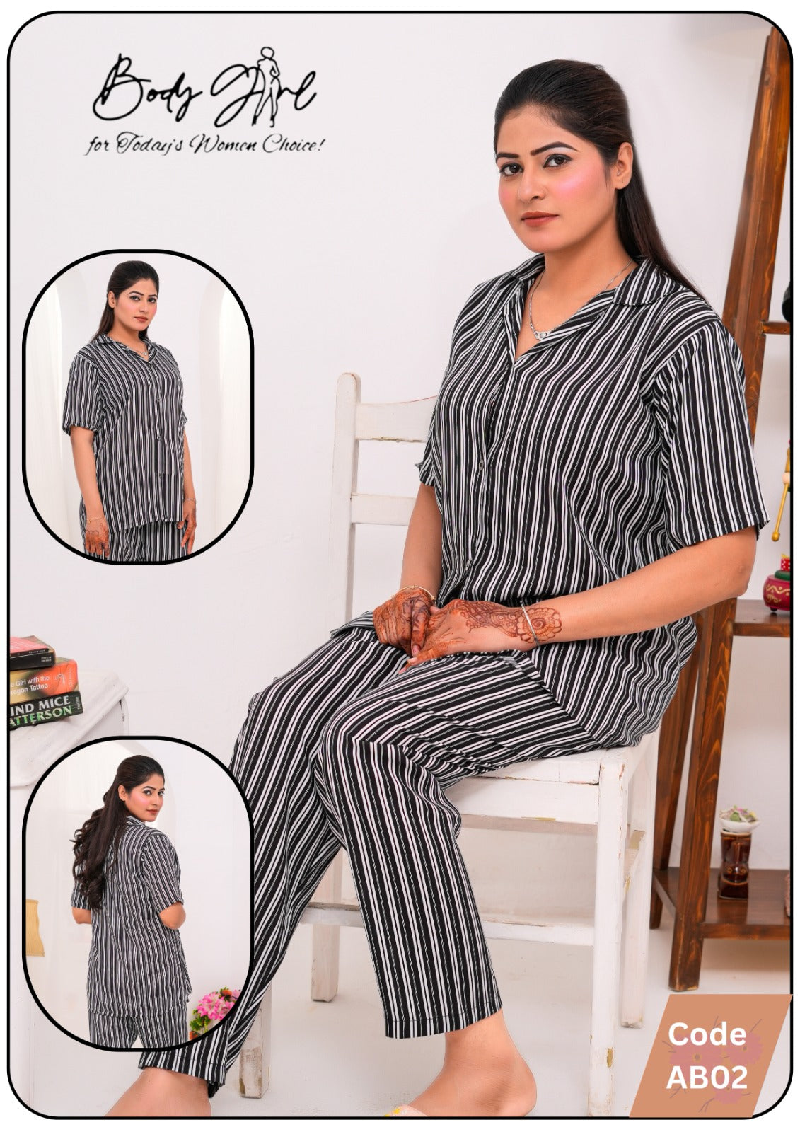 Striped Black Shirt & Trouser Night Wear For Girls & Women