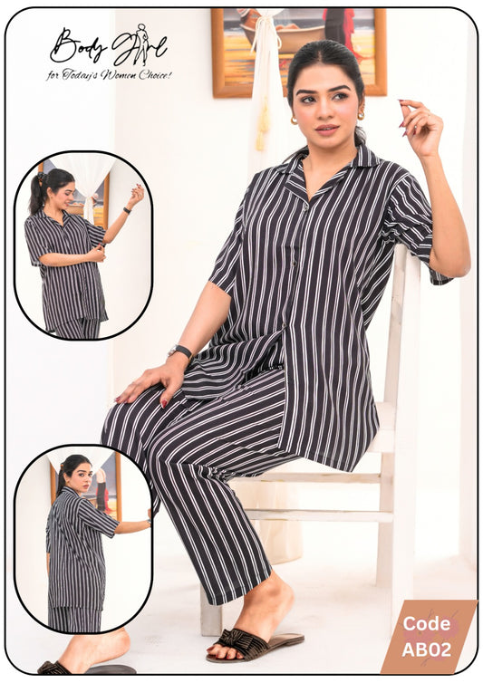Black Lining Printed Shirt & Trouser Night Wear For Girls & Women
